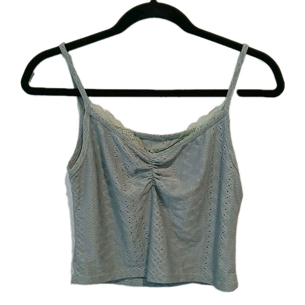 Cider Green Eyelet Lace Cami Top Ruched Crop‎ Tank Women's Size Medium Coquette